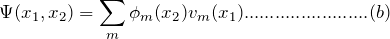 \[ \Psi(x_1,x_2)=\sum_m\phi_m(x_2)v_m(x_1)........................(b) \]