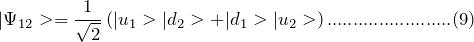 \[ |\Psi_{12}>=\frac{1}{\sqrt 2}\left( |u_1>|d_2>+|d_1>|u_2>\right)........................(9) \]