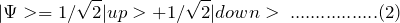 \[ |\Psi>=1/\sqrt{2}|up>+1/\sqrt{2}|down>\;.................(2) \]